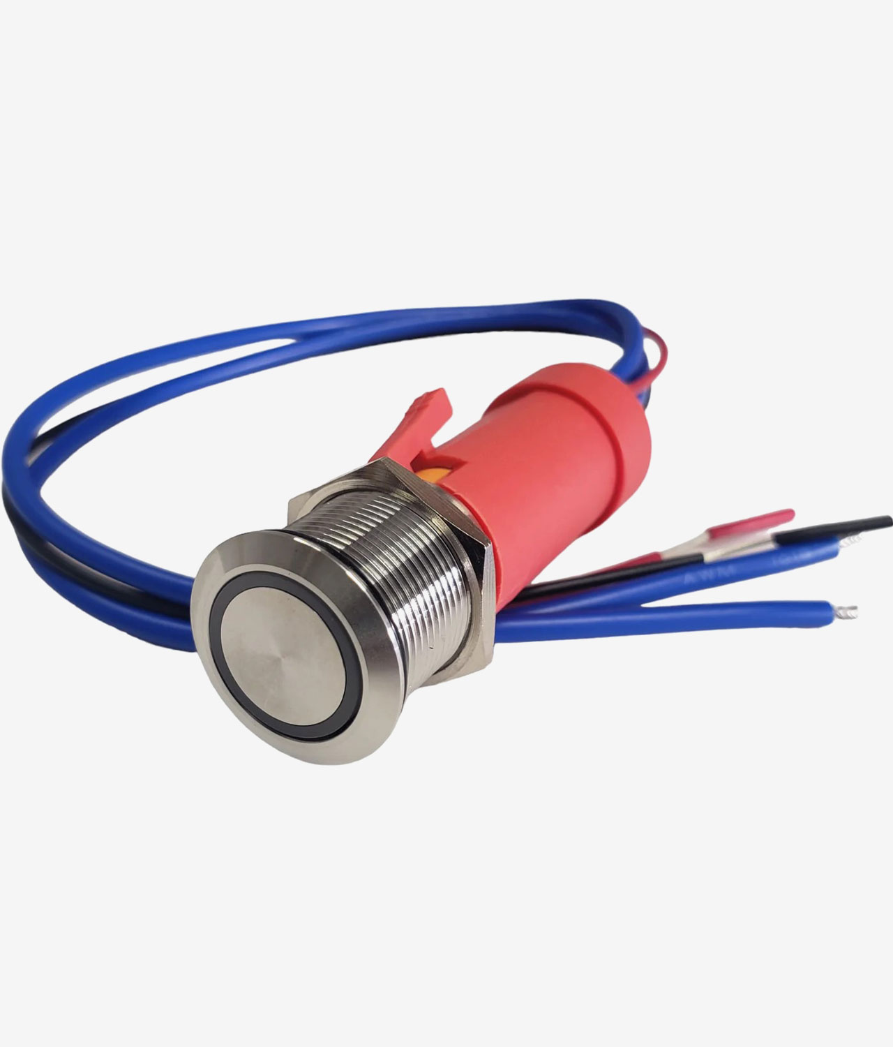 Durable 19 mm (3/4") marine waterproof LED push button switch made from 316 stainless, IP67 protection and a 12V/20A rating for reliable performance.
